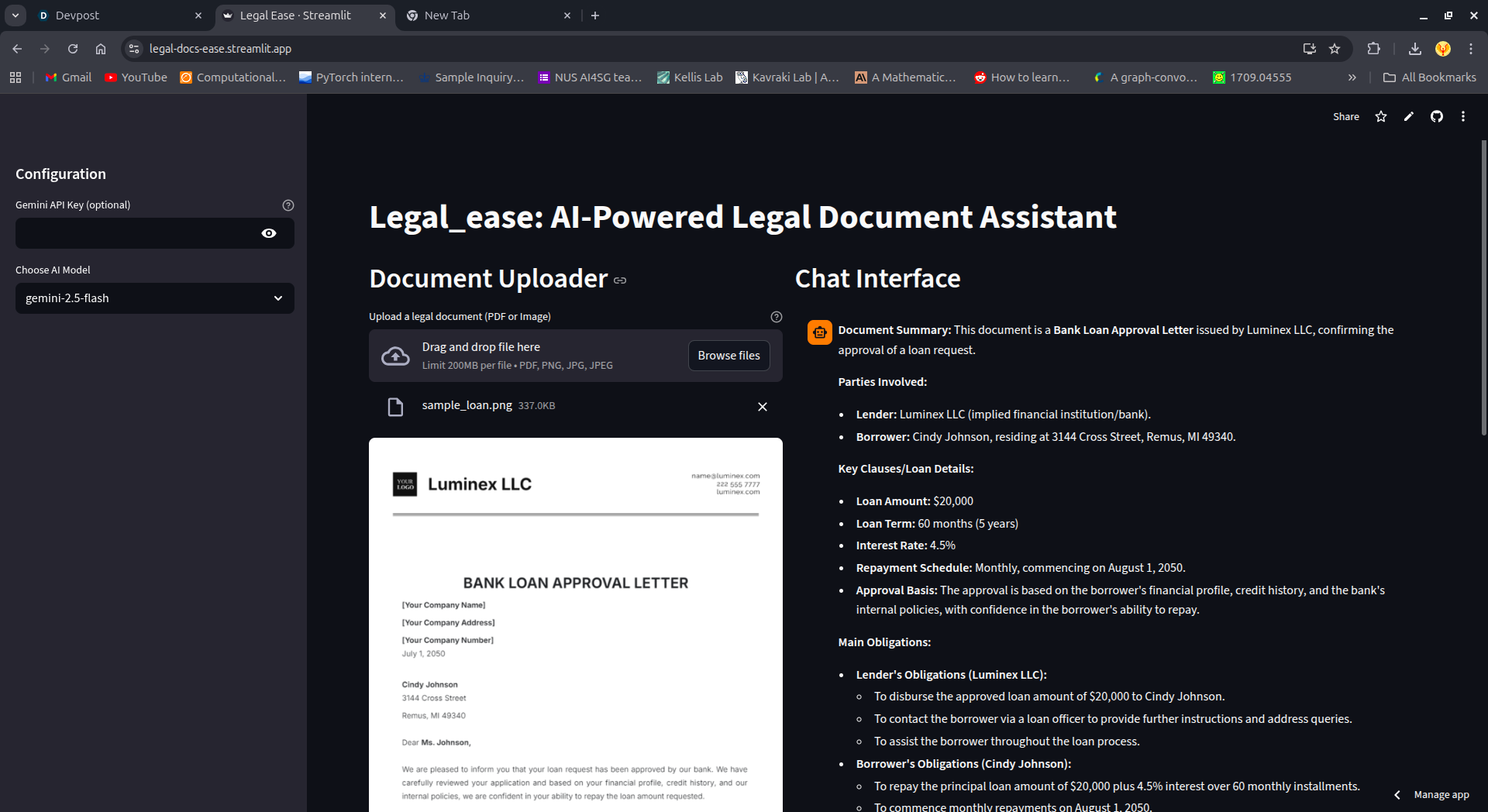 Legal Ease displaying a sample loan approval letter beside a structured AI-generated summary