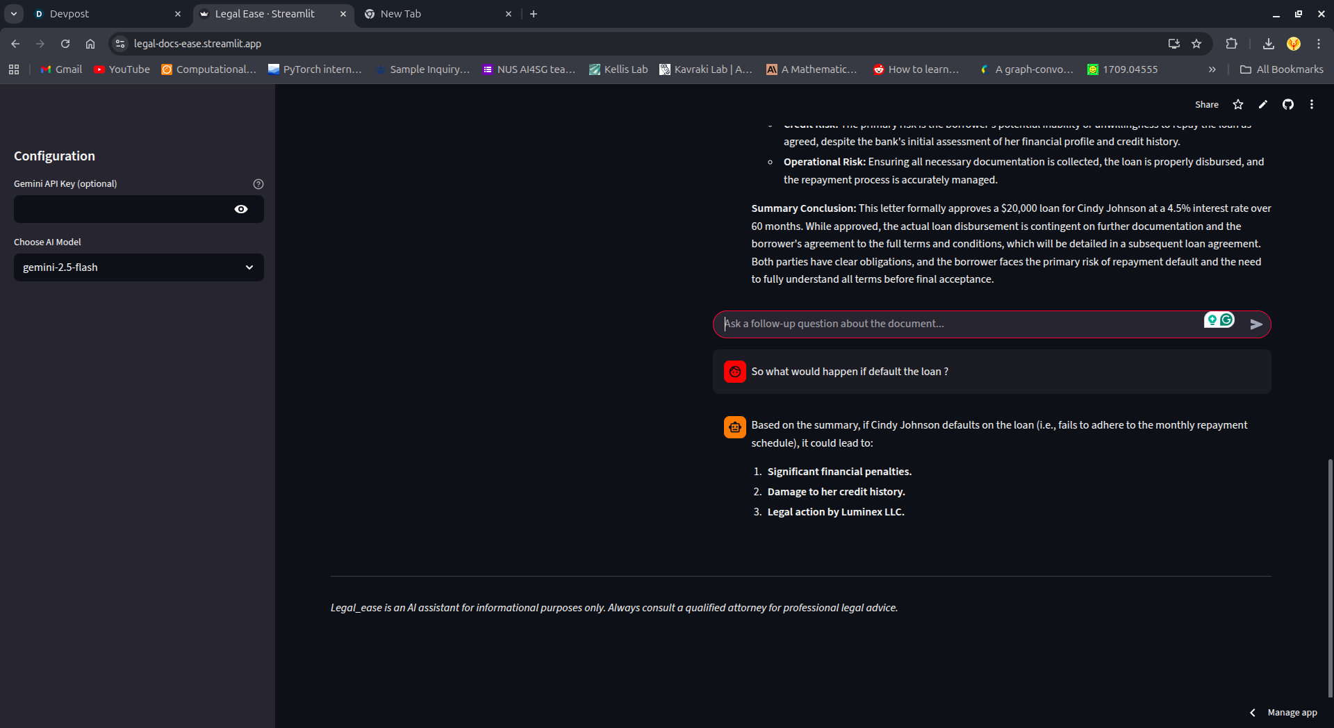 Legal Ease answering a follow-up question about the consequences of defaulting on the sample loan
