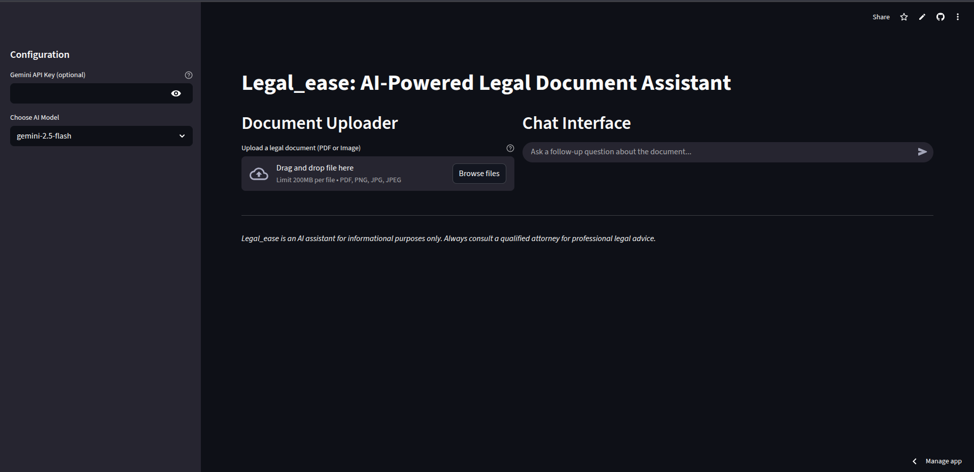 Legal Ease interface with Gemini model settings, a document uploader, and a follow-up chat field